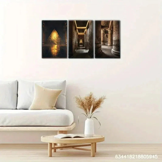 3pcs Golden Pyramid, Temple of Seti I, Metal Print Ready to Hang Art
