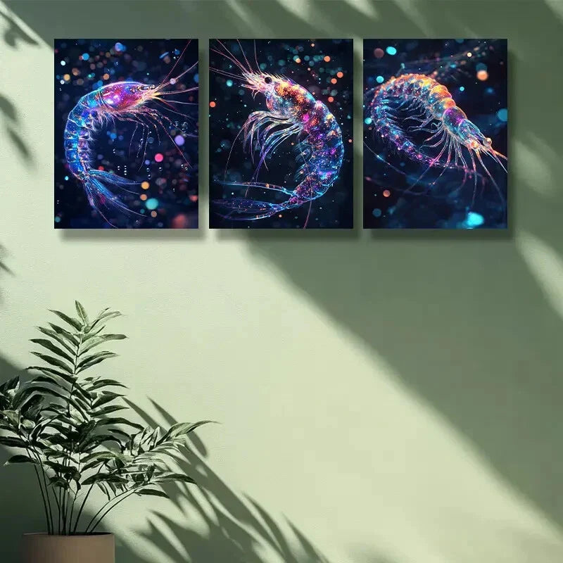 3pcs Shrimp, dream Painting  Metal Print Ready to Hang Art