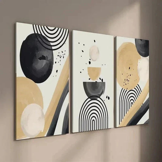3pcs Black and Beige Modern Geometric Shapes Wall Art Set Canvas Framed 40x60cm - High Quality Print 100% Australian Made Wall Canvas Ready to Hang