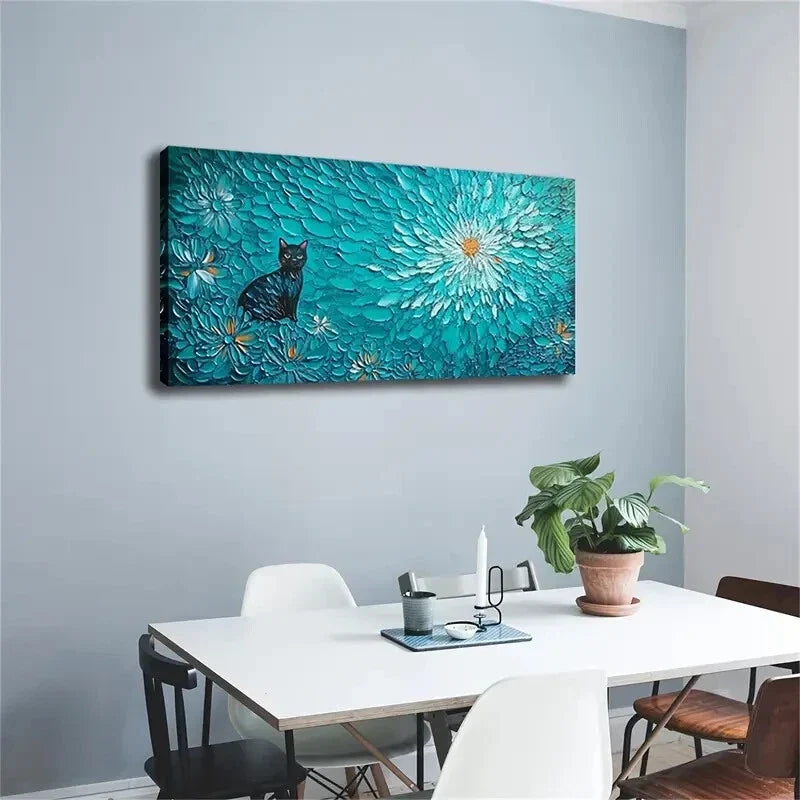 Black Kitten in Blue Floral Sea Wall Art Canvas Office Home Room Framed 120x60cm