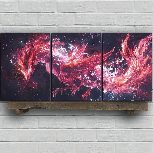 3pcs Red & Pink Phoenix-Inspired Metal Print Ready to Hang Art