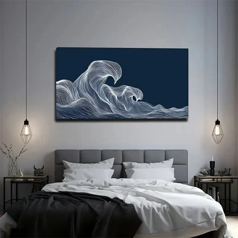 Dark Blue & White Line-Drawn Wall Art Canvas Office Home Room Framed 80x45cm