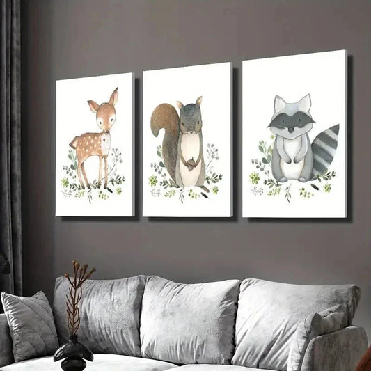 3pcs Cute Baby Deer Squirrel Raccoon Wall Art Set Canvas Framed 40x60cm - High Quality Print 100% Australian Made Wall Canvas Ready to Hang