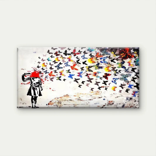 Girl with Butterflies Street Art Canvas Office Home Room Framed 80x45cm