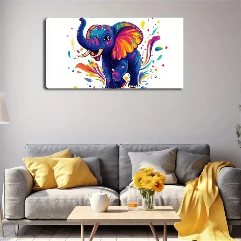 Blue Elephant White Background Wall Art Canvas Office Home Room Framed 120x60cm
