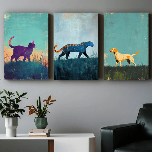 3pcs Small Animals Walking on Hillsides Metal Print Ready to Hang Art