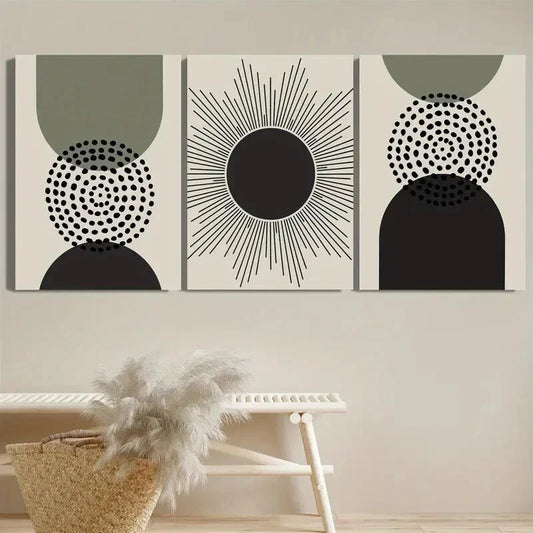 3pcs Geometric Abstract Green Plant Motifs Metal Print Ready to Hang Art