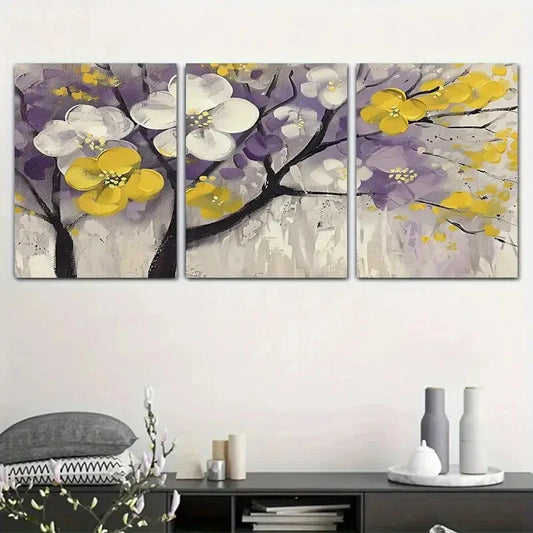 3pcs Featuring Elegant White and Purple Flowers Metal Print Ready to Hang Art