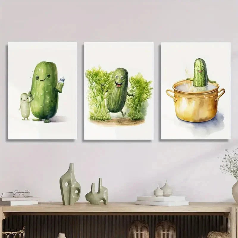 3pcs Cartoon Style Decoration, Minimalism, Pickle Metal Print Ready to Hang Art