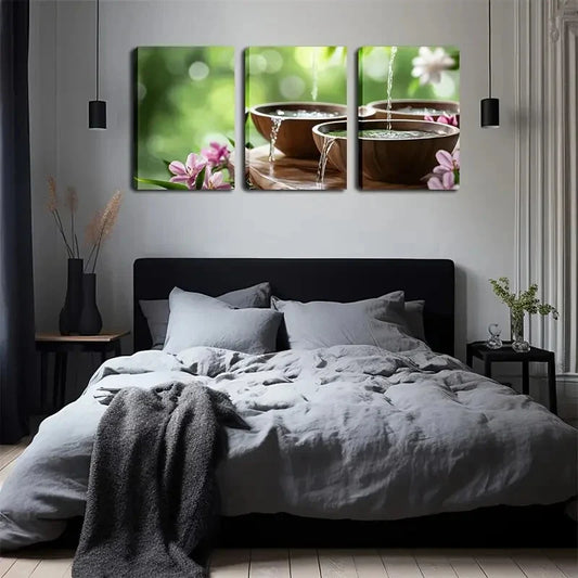 3pcs  Serene Water Flow Landscape with Floral   Wall Art Set Canvas Framed 40x60cm - High Quality Print 100% Australian Made Wall Canvas Ready to Hang