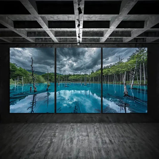 3pcs Blue Pond Northern Forest Metal Print Ready to Hang Art