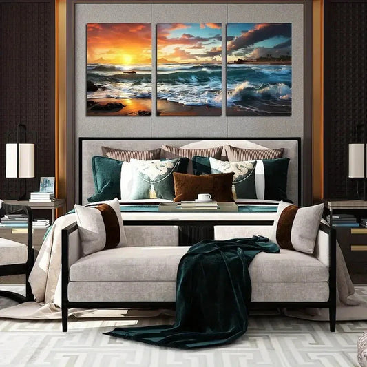 3pcs  Sunset with Ocean Waves, Vibrant Metal Print Ready to Hang Art