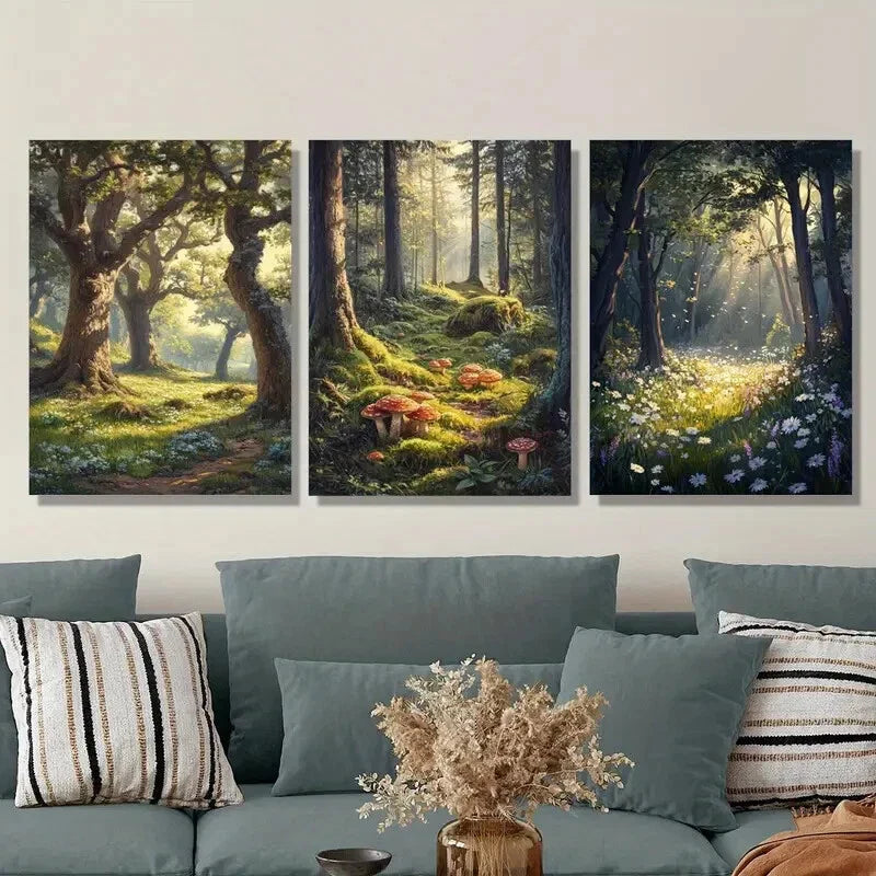 3pcs Magic forest, nature landscape, mushrooms, Metal Print Ready to Hang Art