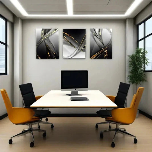 3pcs Golden Modern Abstract Black and White  Metal Print Ready to Hang Art