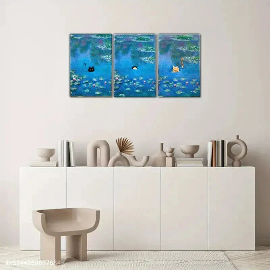 3pcs Cat and Frog in for Lotus Pond Decorative Metal Print Ready to Hang Art
