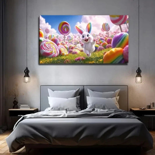 A Cheerful Rabbit Lollipop Wall Art Canvas Office Home Room Framed 120x60cm