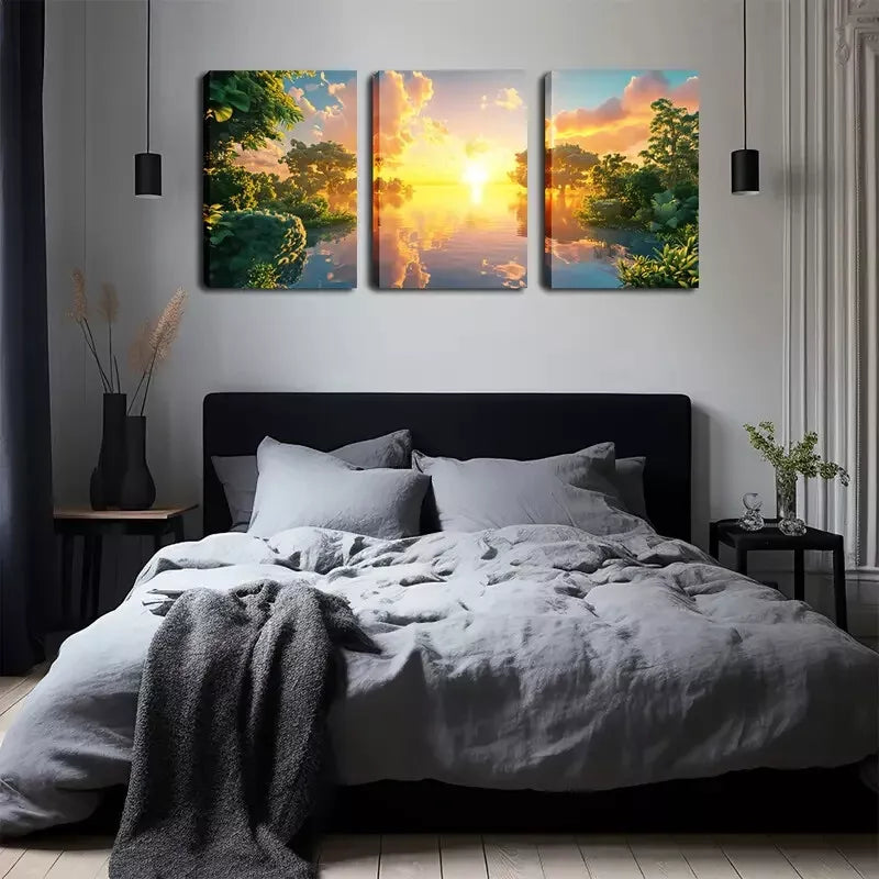 3pcs Oil On Canvas, Lake And Sunrise Wall Art Set Canvas Framed 40x60cm - High Quality Print 100% Australian Made Wall Canvas Ready to Hang