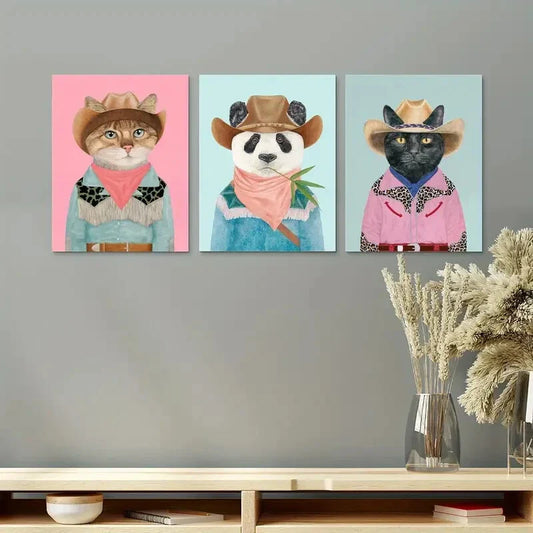 3pcs Cats and Panda in Cowboy Dress Metal Print Ready to Hang Art