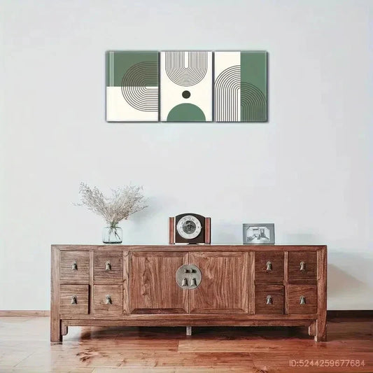 3pcs Modern Geometric Line Designs in Green Metal Print Ready to Hang Art
