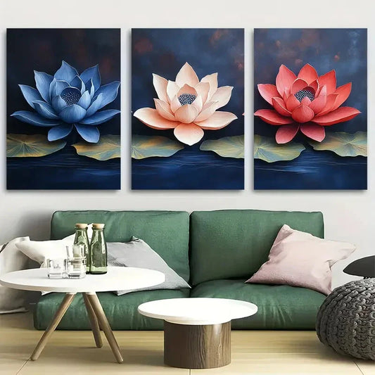 3pcs Lotus Flower Mandala Flower Metal Print Ready to Hang Art