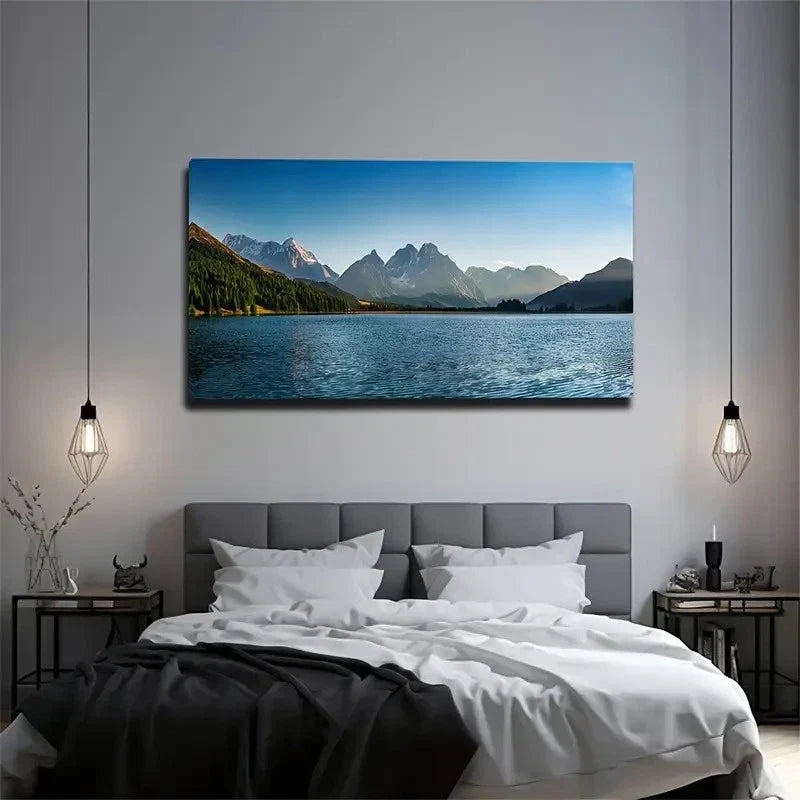 Mountain Lake Landscape Wall Art Canvas Office Home Room Framed 80x45cm