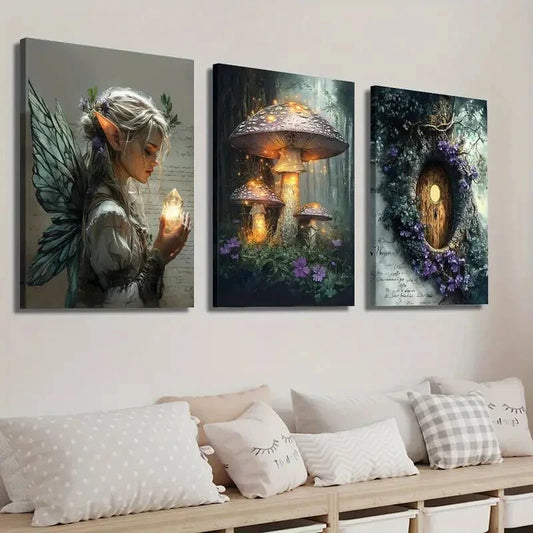 3pcs Fairy Girl and Mysterious Forest Mushrooms Wall Art Set Canvas Framed 40x60cm - High Quality Print 100% Australian Made Wall Canvas Ready to Hang