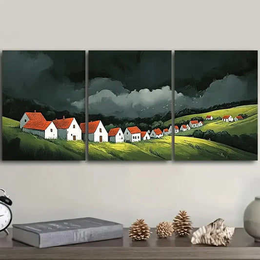 3pcs A little village with red roofs Metal Print Ready to Hang Art
