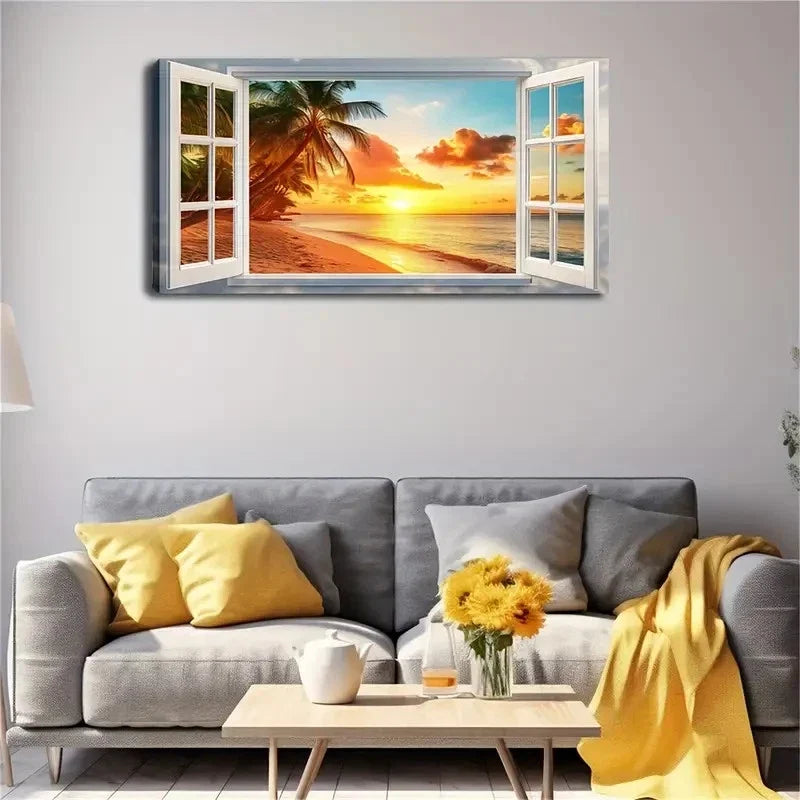 Tropical Beach Sunset Scene Wall Art Canvas Office Home Room Framed 80x45cm