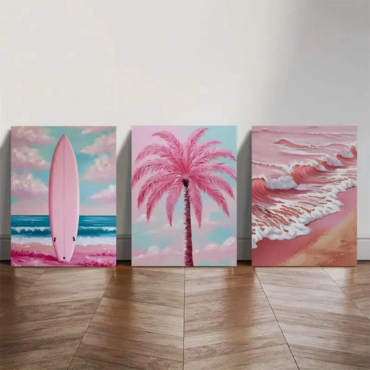 3pcs Pastel Coastal Posters Pink Ocean Pictures Metal Print Ready to Hang Art