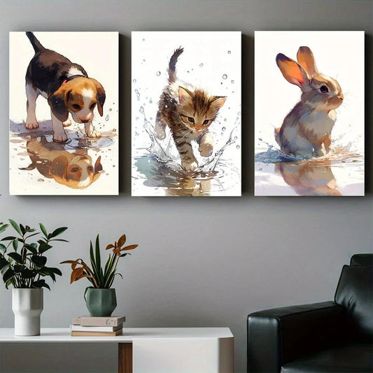 3pcs Naughty Puppies and Kittens with Rabbits Metal Print Ready to Hang Art