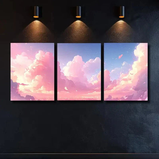 3pcs Pink Clouds Cityscape Metal Print Ready to Hang Art