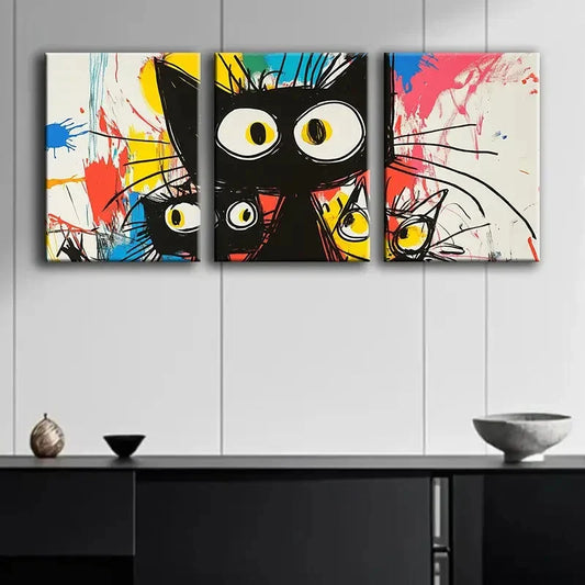 3pcs Abstract Cute Black Cat Colorful Perfect Wall Art Set Canvas Framed 40x60cm - High Quality Print 100% Australian Made Wall Canvas Ready to Hang