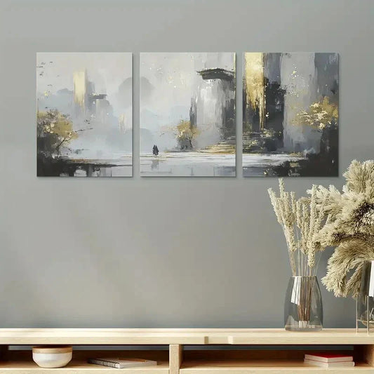 3pcs Black Abstract with Gold Accents Metal Print Ready to Hang Art