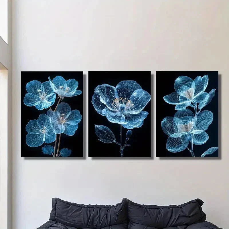 3pcs  Portrait Bright Blue Flower Painting Metal Print Ready to Hang Art