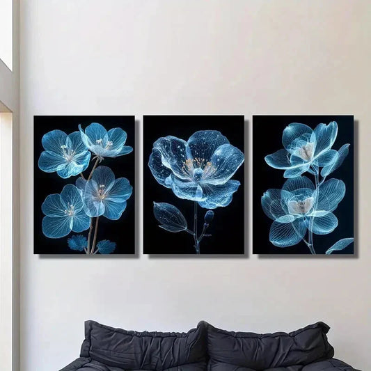 3pcs  Portrait Bright Blue Flower Painting Metal Print Ready to Hang Art