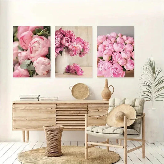 3pcs Pink Peony & Hydrangea Florals Design Metal Print Ready to Hang Art