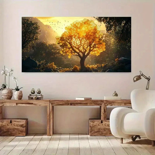 Golden Tree of Life Landscape Wall Art Canvas Office Home Room Framed 120x60cm