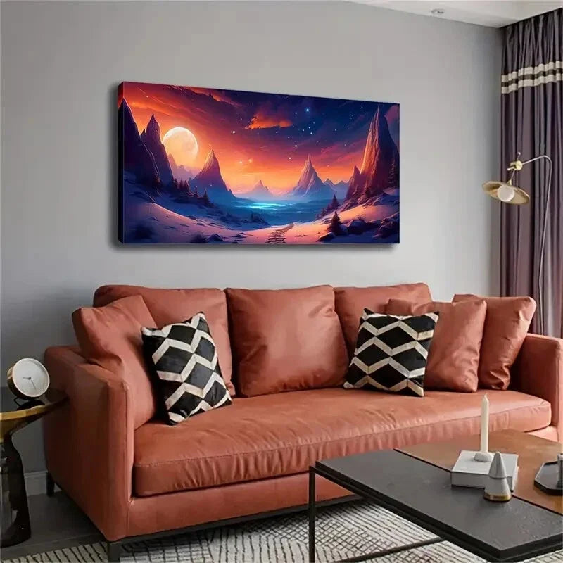 Snowy Peaks & Full Moon Scene Wall Art Canvas Office Home Room Framed 120x60cm