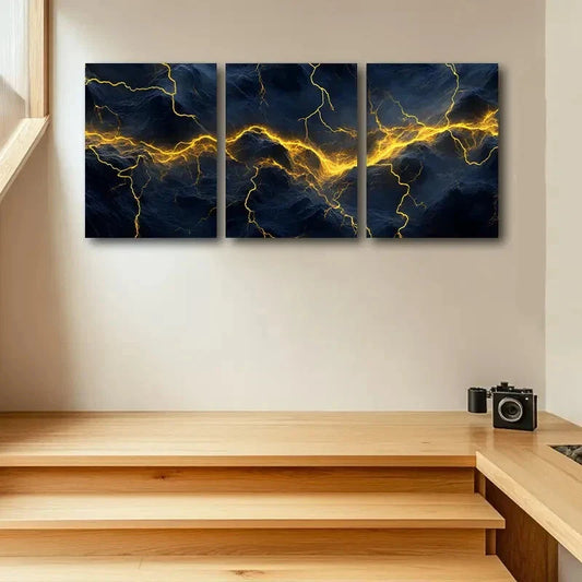 3pcs Yellow Lightning Design Metal Print Ready to Hang Art