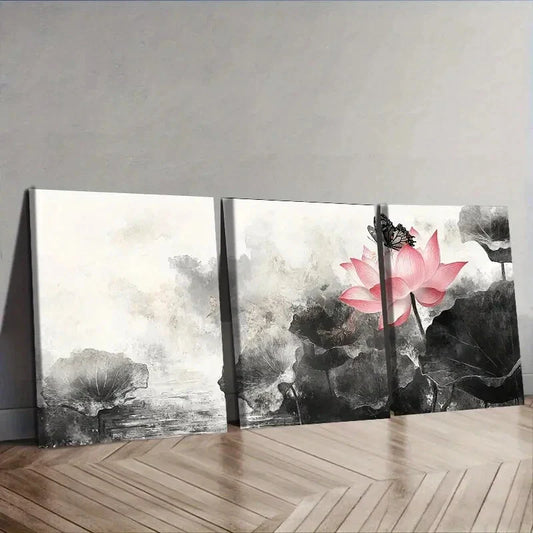 3pcs Pink for Lotus Flower Trio  Wall Art Set Canvas Framed 40x60cm - High Quality Print 100% Australian Made Wall Canvas Ready to Hang
