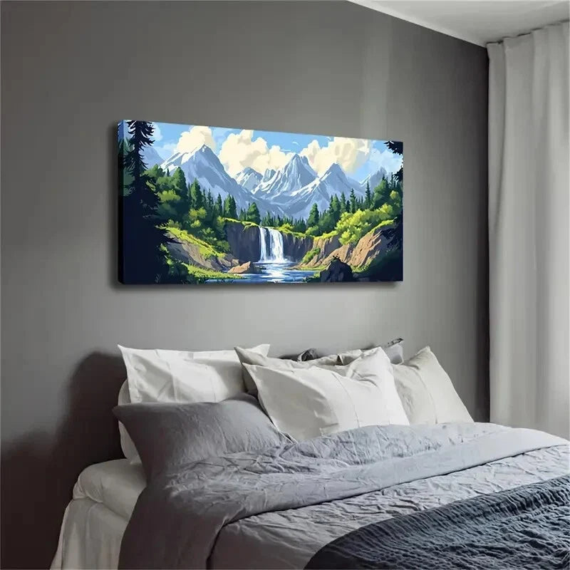 Serene Mountain Waterfall Lands Wall Art Canvas Office Home Room Framed 120x60cm
