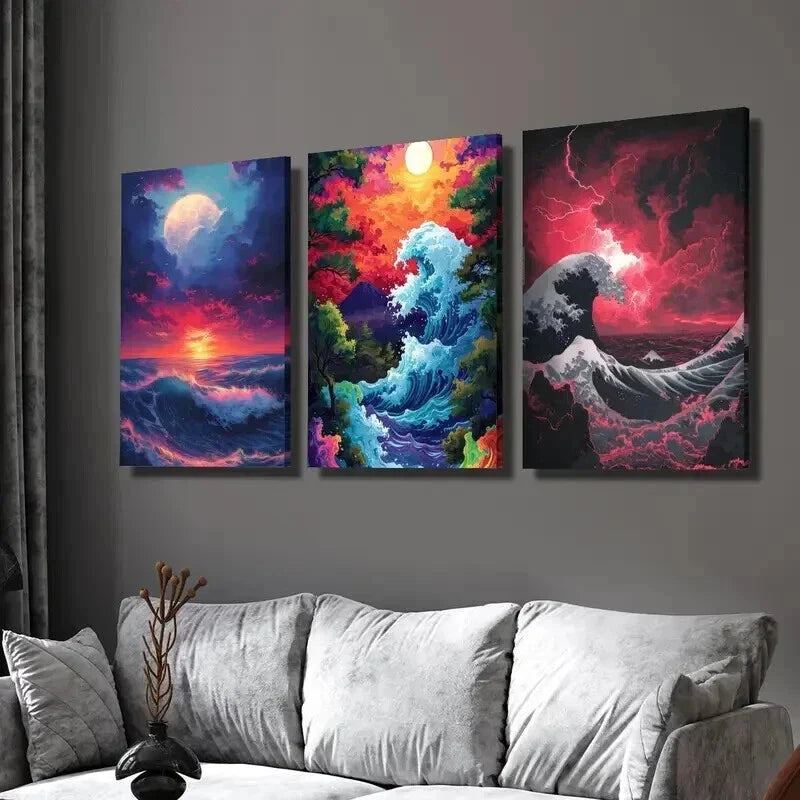 3pcs Colorful Ocean Wave & Sunset Scenes Wall Art Set Canvas Framed 40x60cm - High Quality Print 100% Australian Made Wall Canvas Ready to Hang