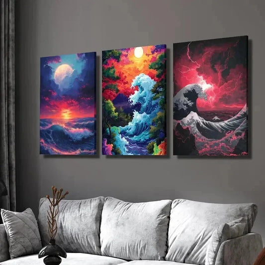 3pcs Colorful Ocean Wave & Sunset Scenes Wall Art Set Canvas Framed 40x60cm - High Quality Print 100% Australian Made Wall Canvas Ready to Hang