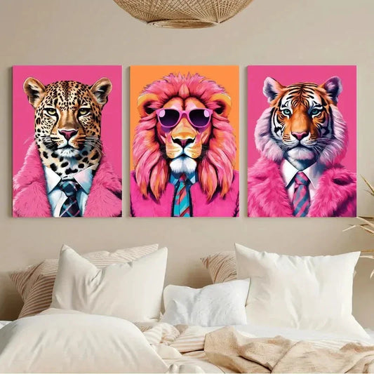 3pcs Funky Animal Fashion Portraits Metal Print Ready to Hang Art