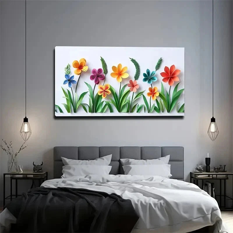 Vibrant Paper Flowers Green Wall Art Canvas Office Home Room Framed 120x60cm