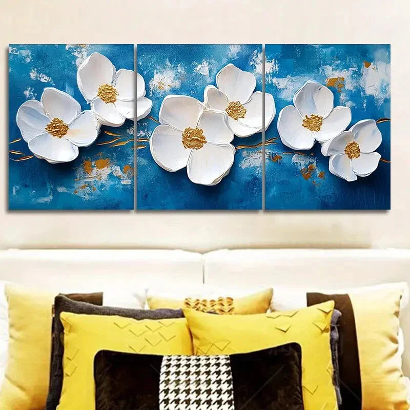 3pcs  White flowers on a blue background  Metal Print Ready to Hang Art