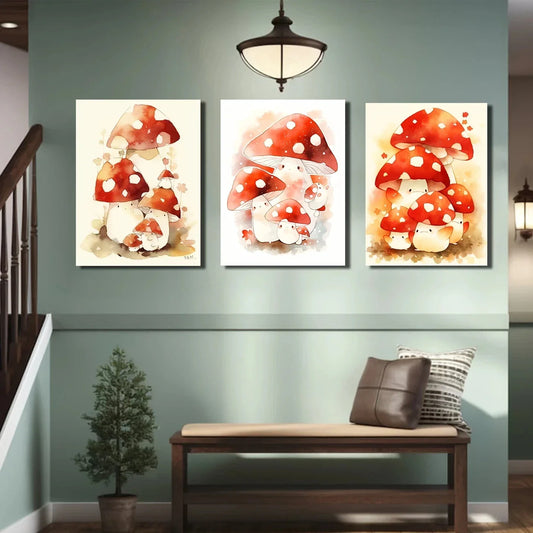 3pcs Three Mushrooms Cute Flat Watercolor Metal Print Ready to Hang Art