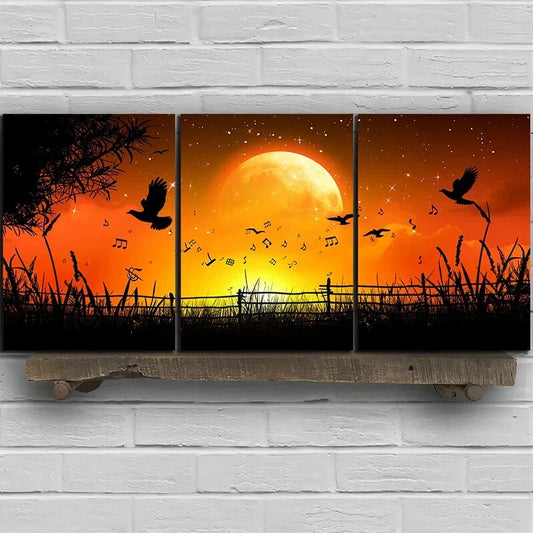3pcs Moonlit Night Sky with Birds Silhouette Metal Print Ready to Hang Art