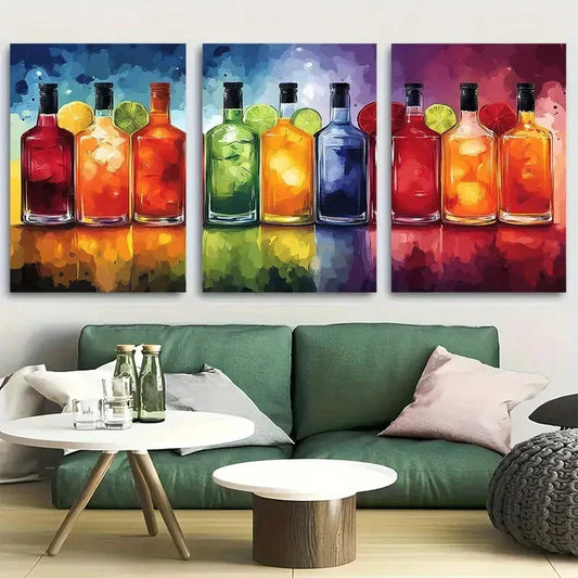3pcs Colorful Bottles and Drinks Modern Bar Decor Metal Print Ready to Hang Art