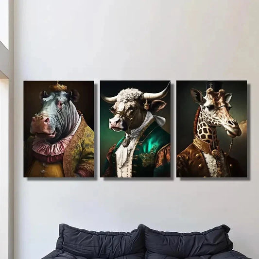 3pcs Anthropomorphic Hippo Cow & Giraffe Metal Print Ready to Hang Art